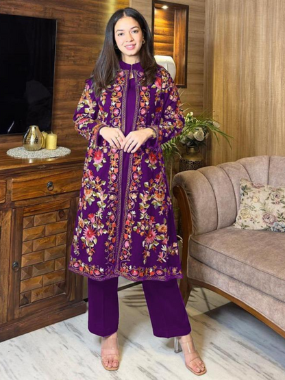 2-piece women stitched shamoz silk embroidered gown shirt and trouser