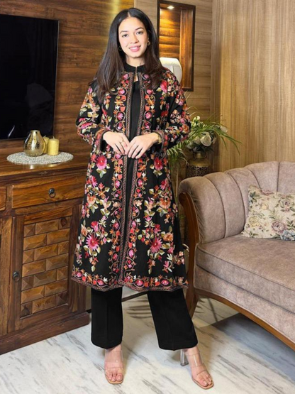 2-piece women stitched shamoz silk embroidered gown shirt and trouser