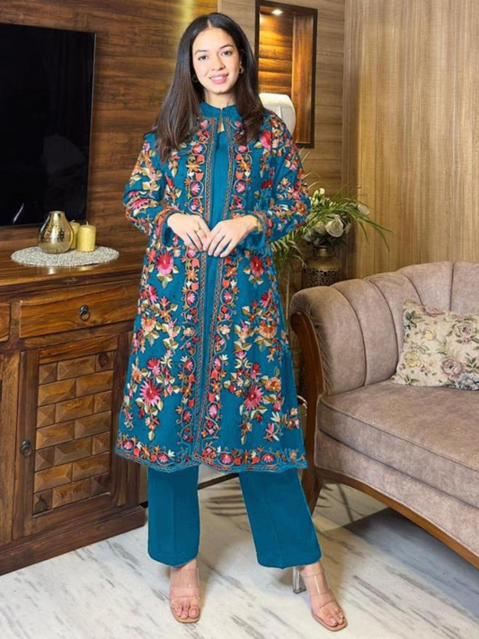 2-piece women stitched shamoz silk embroidered gown shirt and trouser