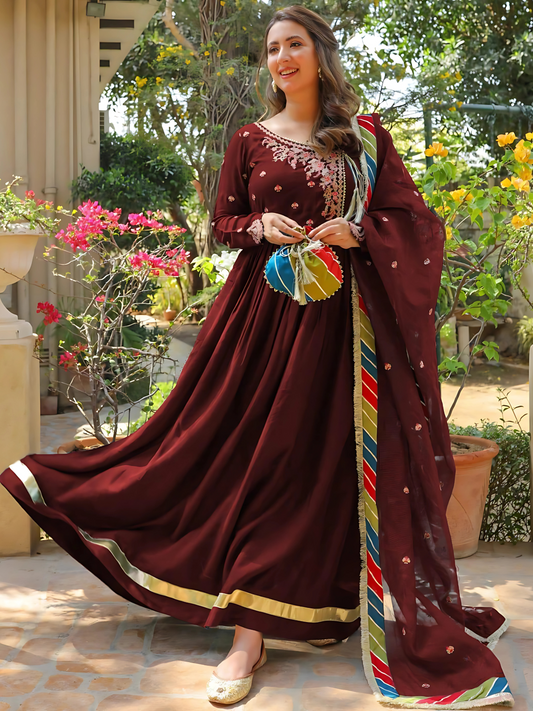 Royal Maroon Maxi Suit- Embroidered shamoz silk 4 piece set